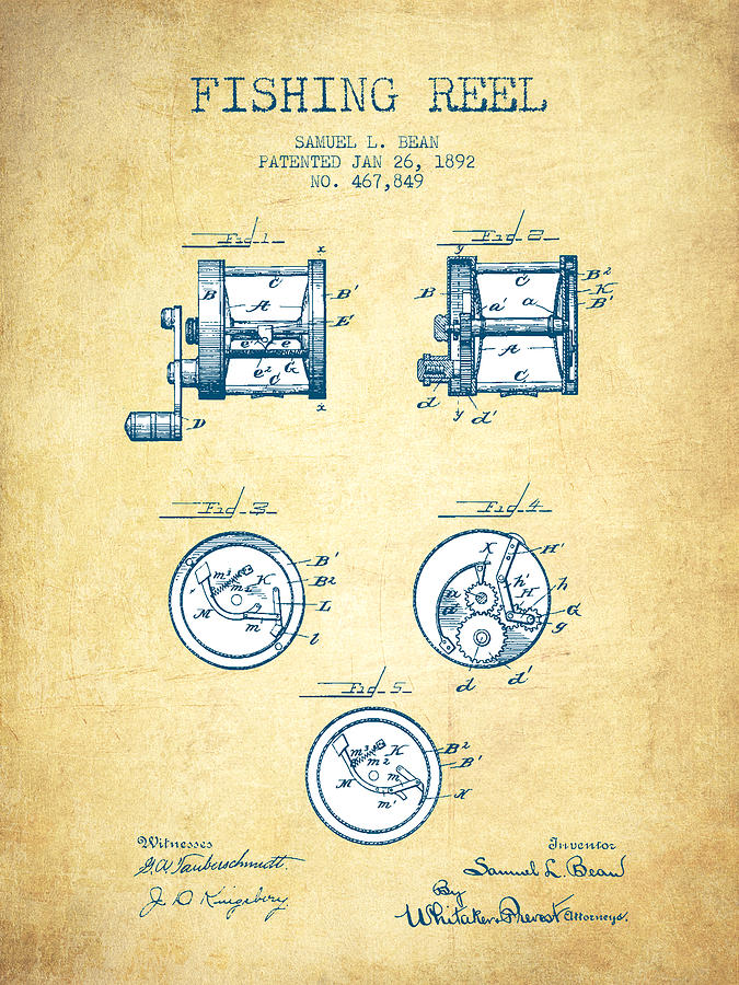 Fish Drawing - Fishing Reel Patent from 1892 - Vintage Paper by Aged Pixel
