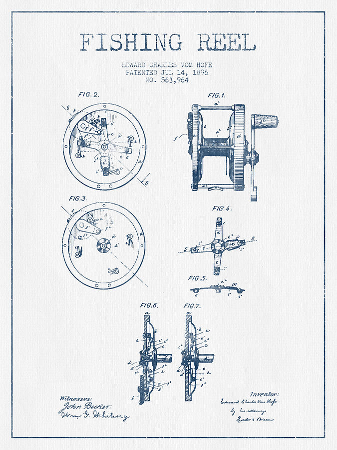 Fish Digital Art - Fishing Reel Patent from 1896 - Blue Ink by Aged Pixel