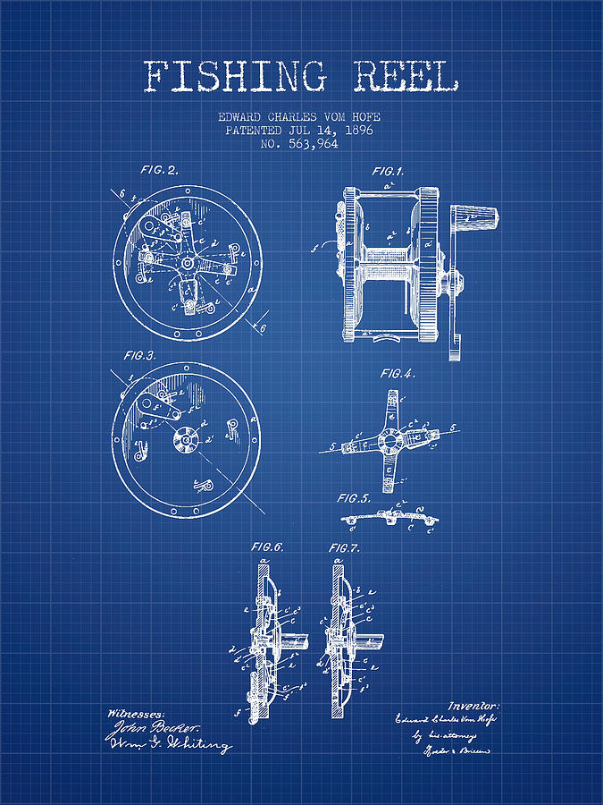 Vintage Fishing Spinning Reel Patent Drawing Poster, Digital