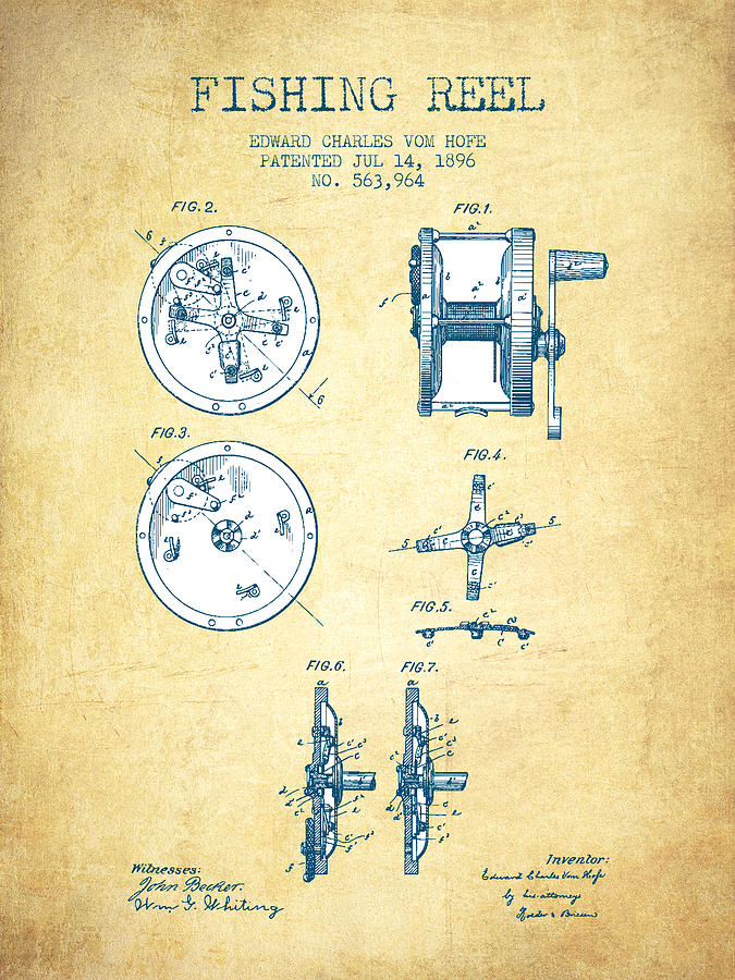 Fish Drawing - Fishing Reel Patent from 1896 - Vintage Paper by Aged Pixel