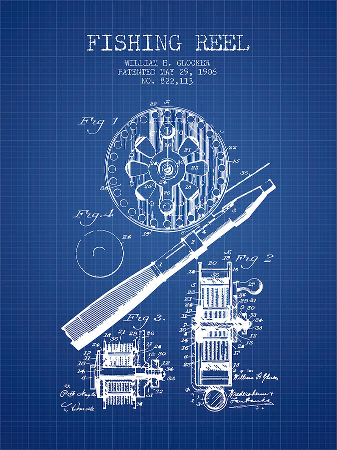 Fish Digital Art - Fishing Reel Patent from 1906 - Blueprint by Aged Pixel