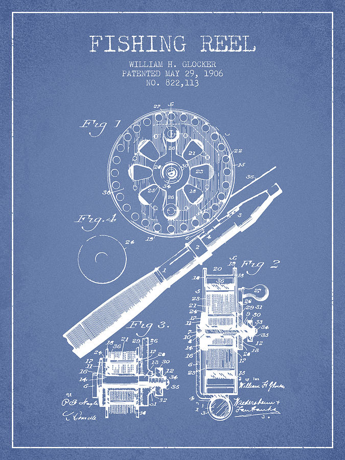Fishing Reel Patent from 1906 - Light Blue Digital Art by Aged