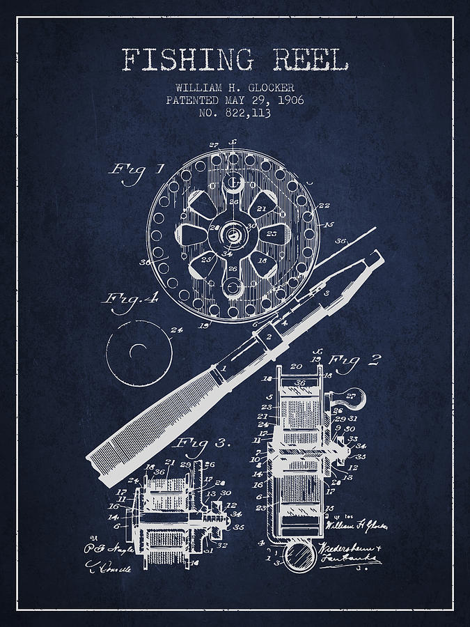 Fish Digital Art - Fishing Reel Patent from 1906 - Navy Blue by Aged Pixel