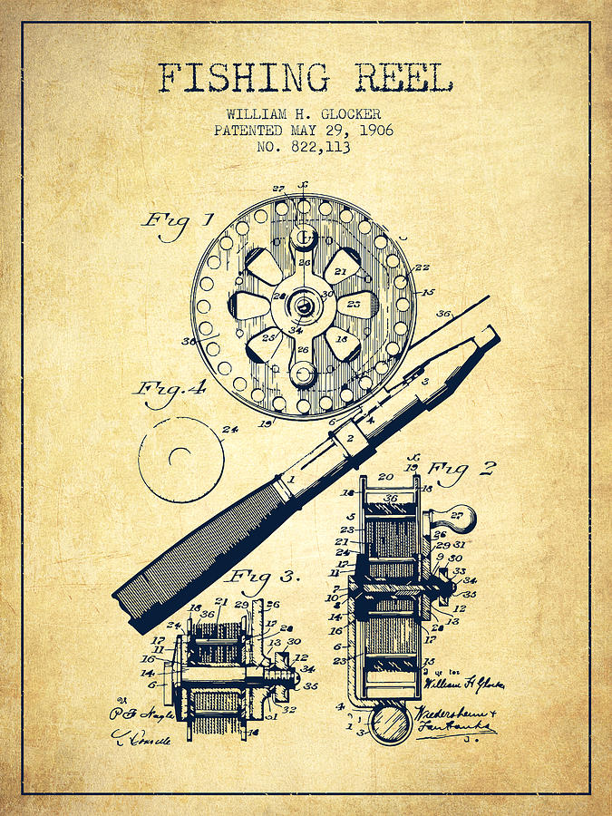Fish Digital Art - Fishing Reel Patent from 1906 - Vintage by Aged Pixel