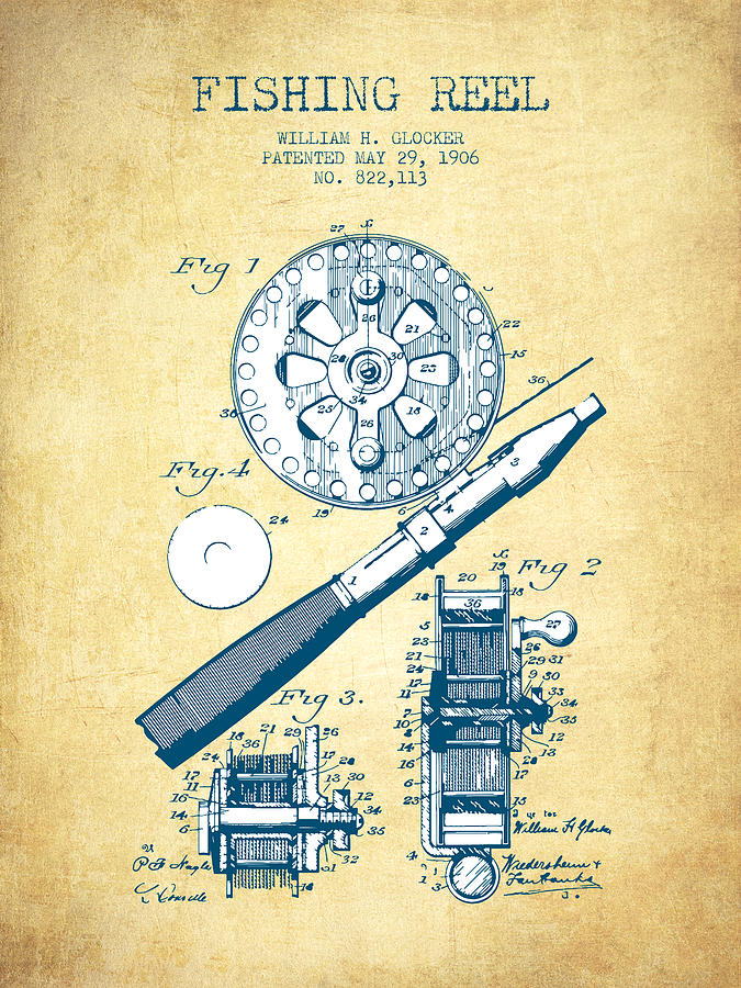 Fish Drawing - Fishing Reel Patent from 1906 - Vintage Paper by Aged Pixel