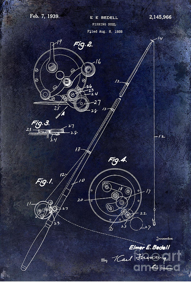Bass Photograph - Fishing Reel Patent 1939 Blue by Jon Neidert