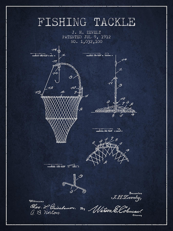 Fish Digital Art - Fishing Tackle Patent from 1912 - Navy Blue by Aged Pixel