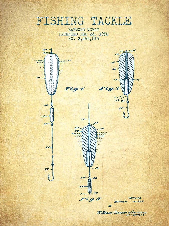 Fish Drawing - Fishing Tackle Patent from 1950 - Vintage Paper by Aged Pixel
