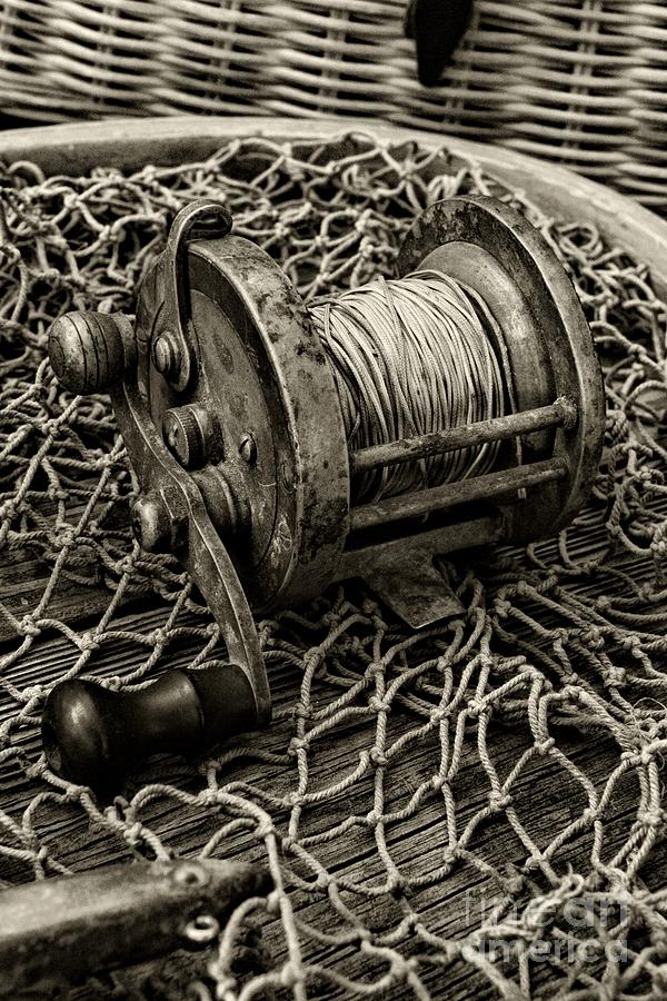 Fishing - That Old Fishing Reel in Black and White Photograph by