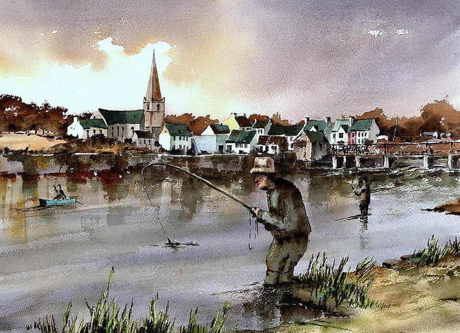 MAYO  Fishing the Ridge Pool on the River Moy  Painting by Val Byrne