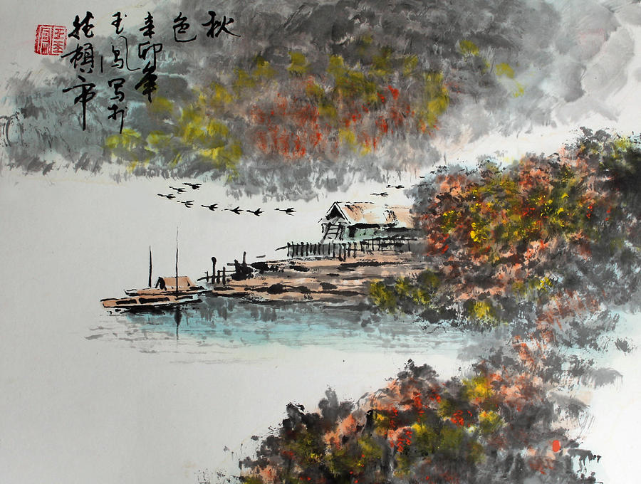 Boat Photograph - Fishing Village in Autumn by Yufeng Wang