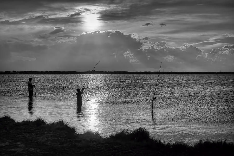 Sunset Photograph - Fishing with Dad - Black and White - Merritt Island by Nikolyn McDonald
