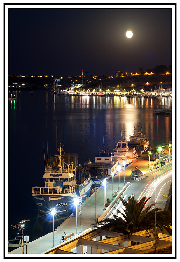 Summer Photograph - fishing boats under the august moonlight of Port Mahon in Menorca Island by Pedro Cardona Llambias