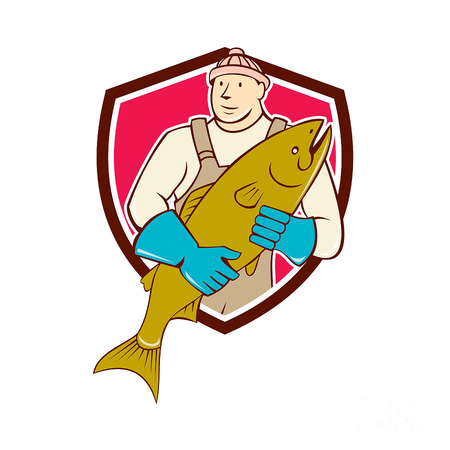 Salmon Digital Art - Fishmonger Holding Salmon Fish Shield Cartoon by Aloysius Patrimonio