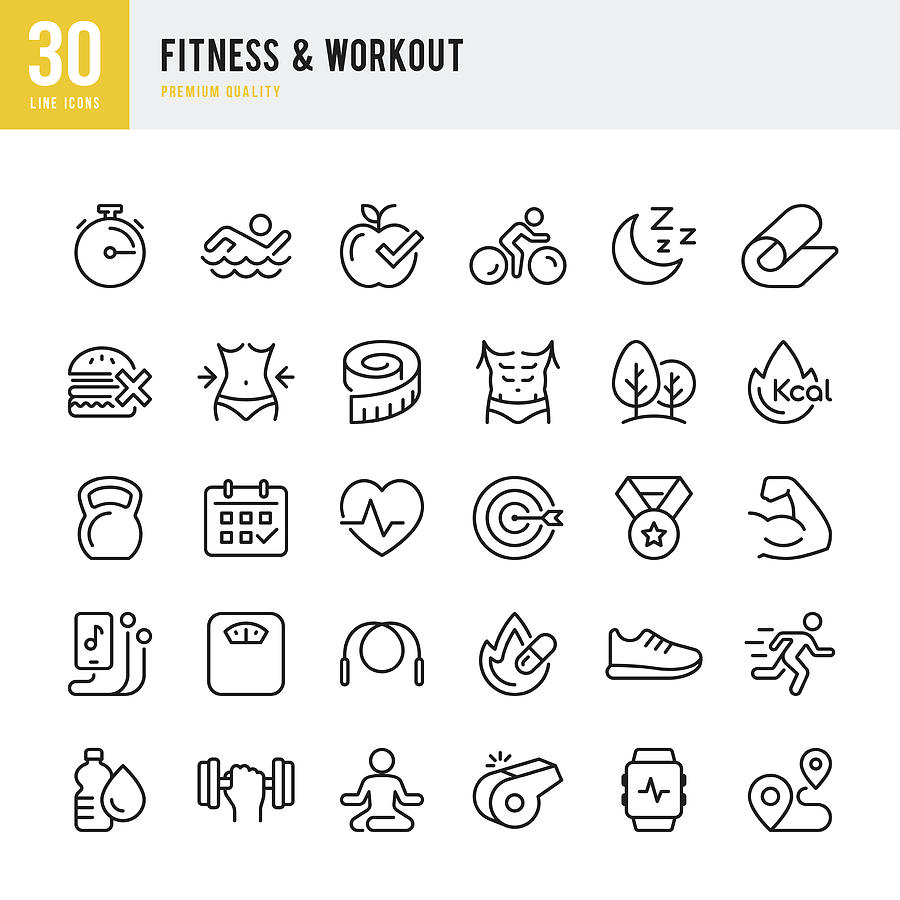 Fitness & Workout - set of thin line vector icons Drawing by Fonikum