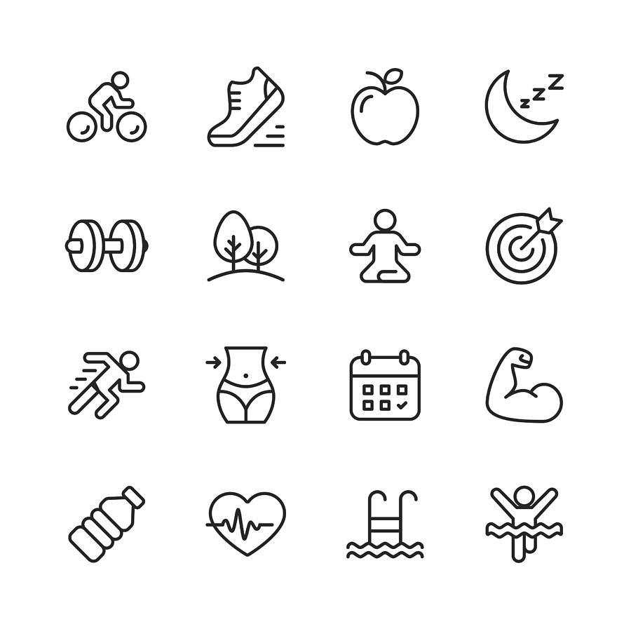 Fitness and Workout Line Icons. Editable Stroke. Pixel Perfect. For Mobile and Web. Contains such icons as Running, Swimming, Exercising, Gym, Diet. Drawing by Rambo182