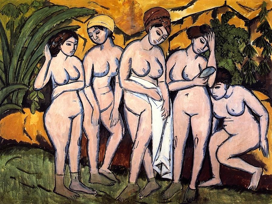 Five bathing women at a lake Painting by Ernst Ludwig Kirchner