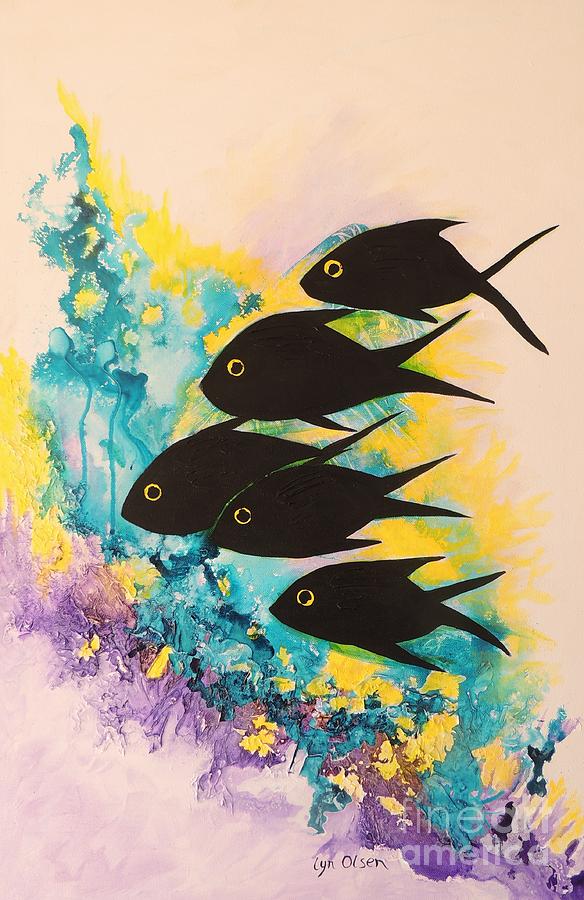 Five Black Fish Painting by Lyn Olsen
