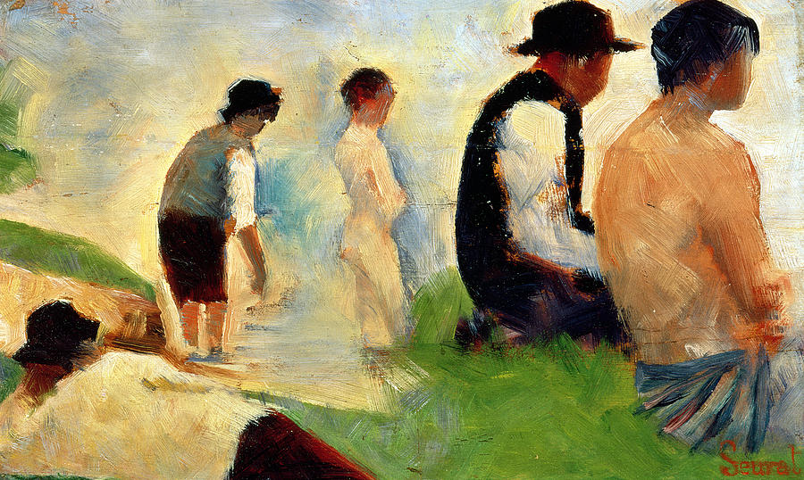 Five male figures possible preparatory sketch for the Bathers at Asnieres. Painting by Georges Pierre Seurat