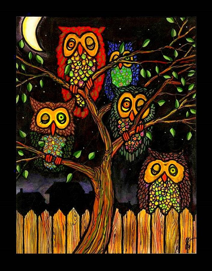 Five Owl Tree Painting by Jim Harris