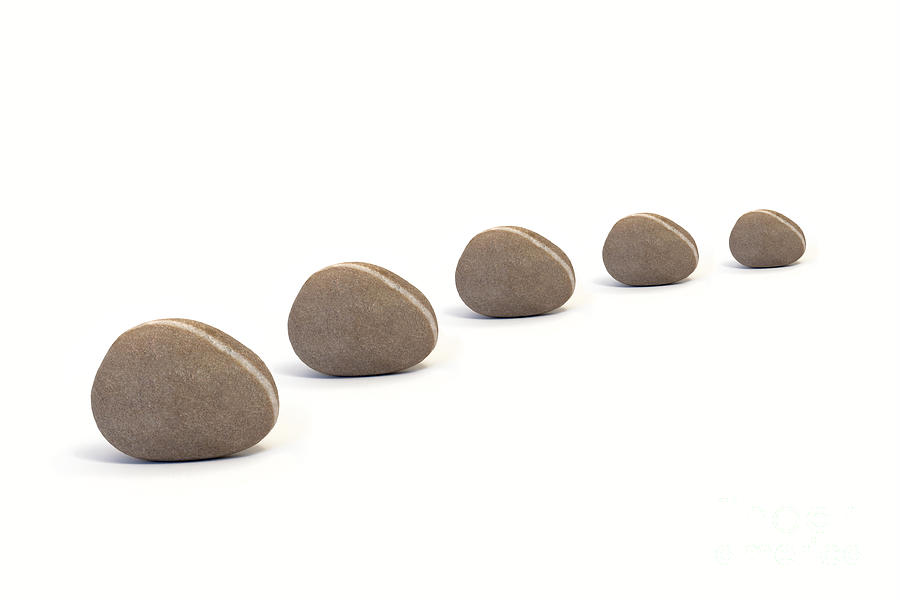 Pebbles Photograph - Five Queuing Pebbles against White Background by Natalie Kinnear