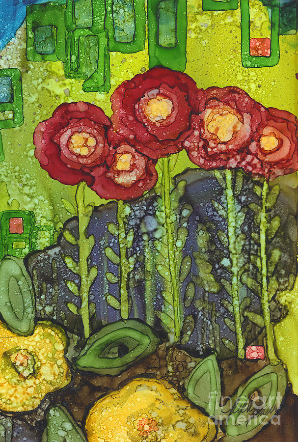 Five Red Flowers Painting by Vicki Baun Barry