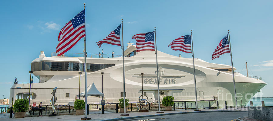 Flag Photograph - Five US Flags flying proudly in front of the megayacht Seafair - Miami - Florida - Panoramic by Ian Monk