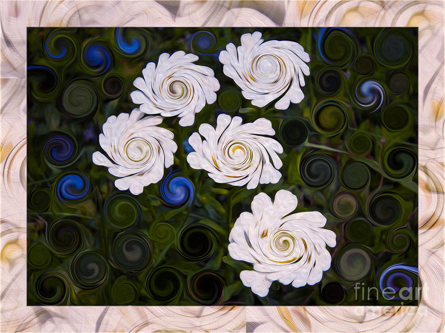 Five White Flowers in an Abstract Garden Painting by Omaste Witkowski