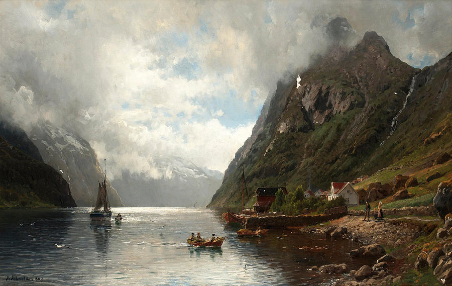Fjord Landscape with Figures Painting by Anders Askevold