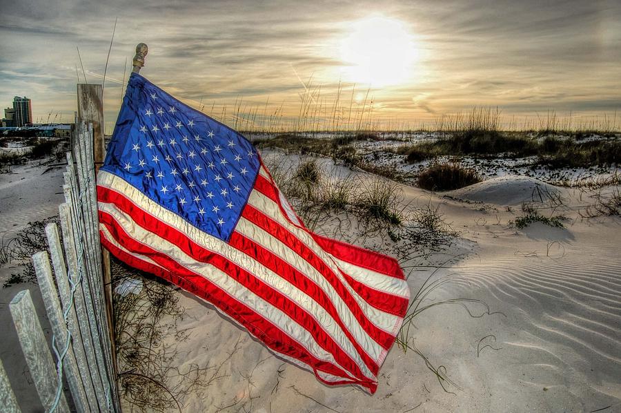 Flag in Fence on the Beach Digital Art by Michael Thomas