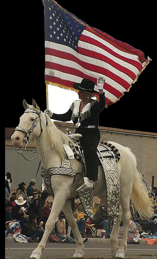 Flag lady horse La Fiesta de los Vaqueros Rodeo Parade Tucson Arizona 2002 color added Photograph by David Lee Guss