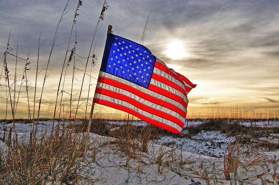 Flag on sunrise Beach  Digital Art by Michael Thomas