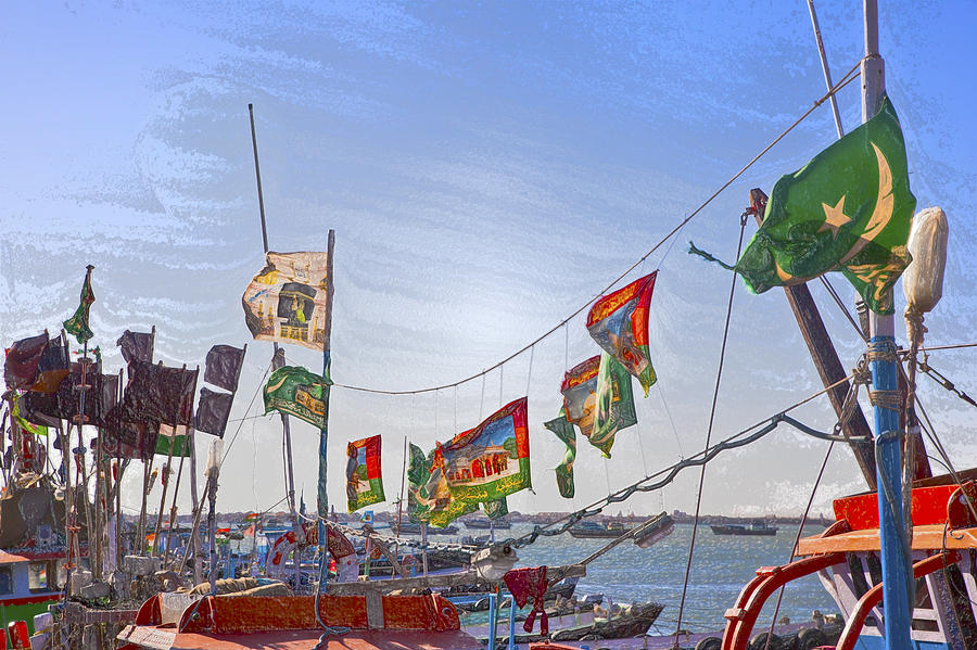 Flag Photograph - Flag waving boats at Bet Dwarka by Kantilal Patel