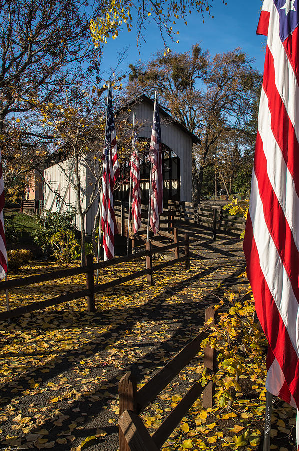 Flags and Covered Bridge Photograph by Mick Anderson