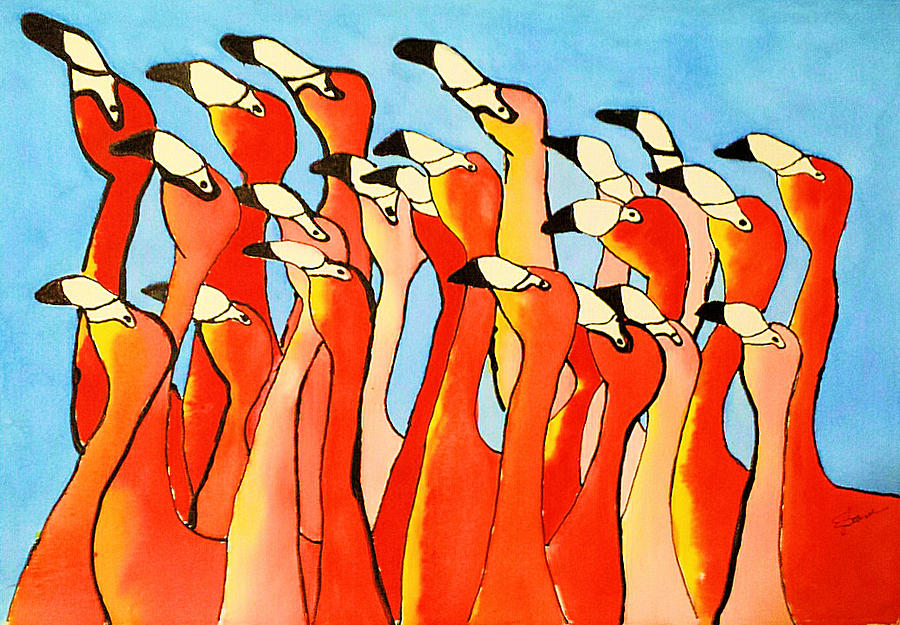 Flamboyant Flamingoes Painting by Elise Boam