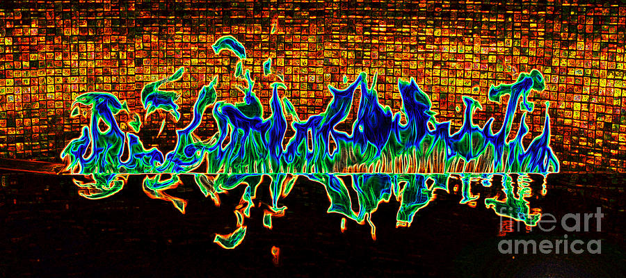 Flames of a Modern Fireplace Reflected in a Water Feature Glowing Edges Digital Art Digital Art by Shawn OBrien