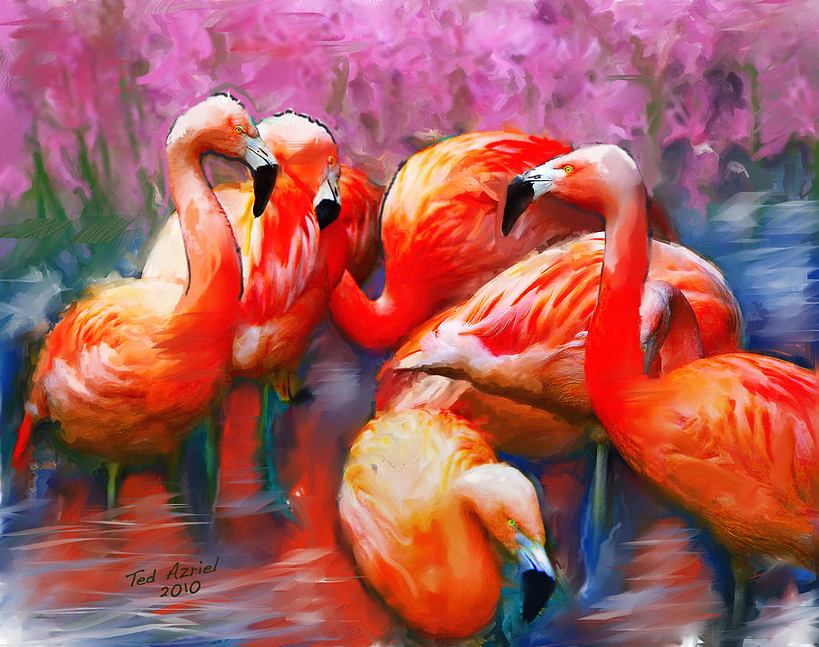 Wildlife Painting - Flaming Flamingos by Ted Azriel