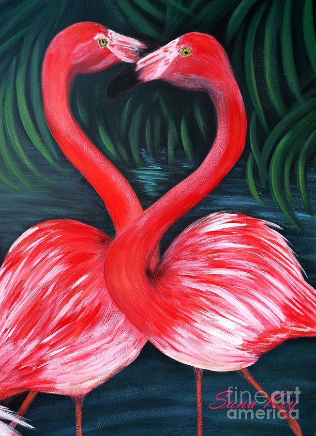 Valentines Day Painting - Flamingo love Card by Oksana Semenchenko