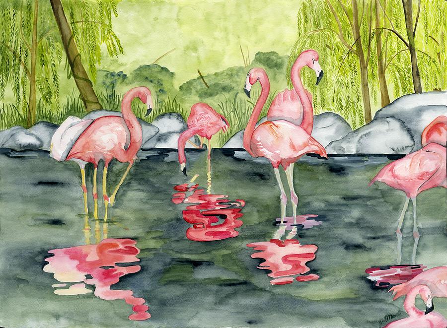 Bird Painting - Flamingo reflections by Phyllis Muller