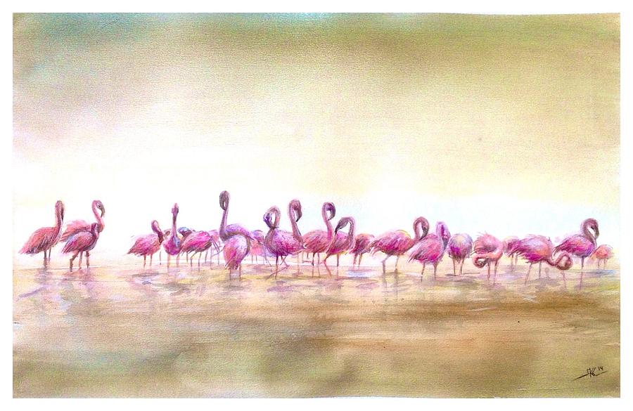 Birds Painting - Flamingoes land by Katerina Kovatcheva