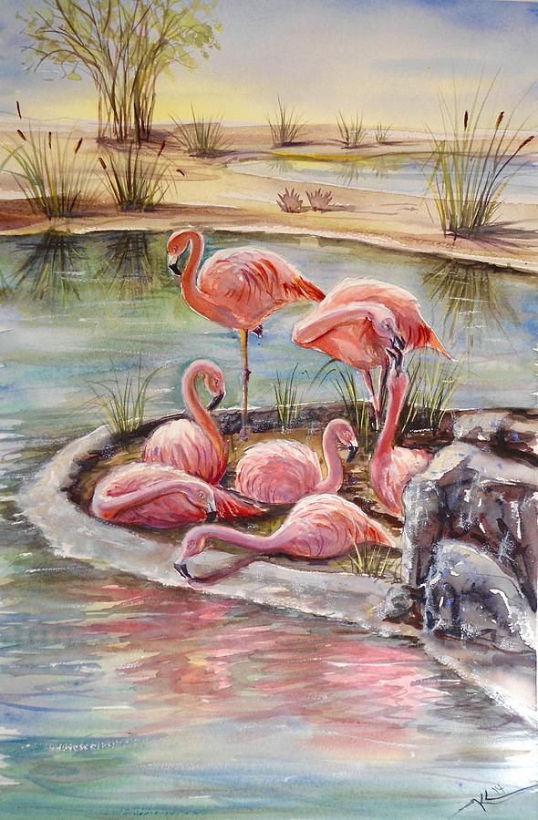 Flamingoes pond Painting by Katerina Kovatcheva