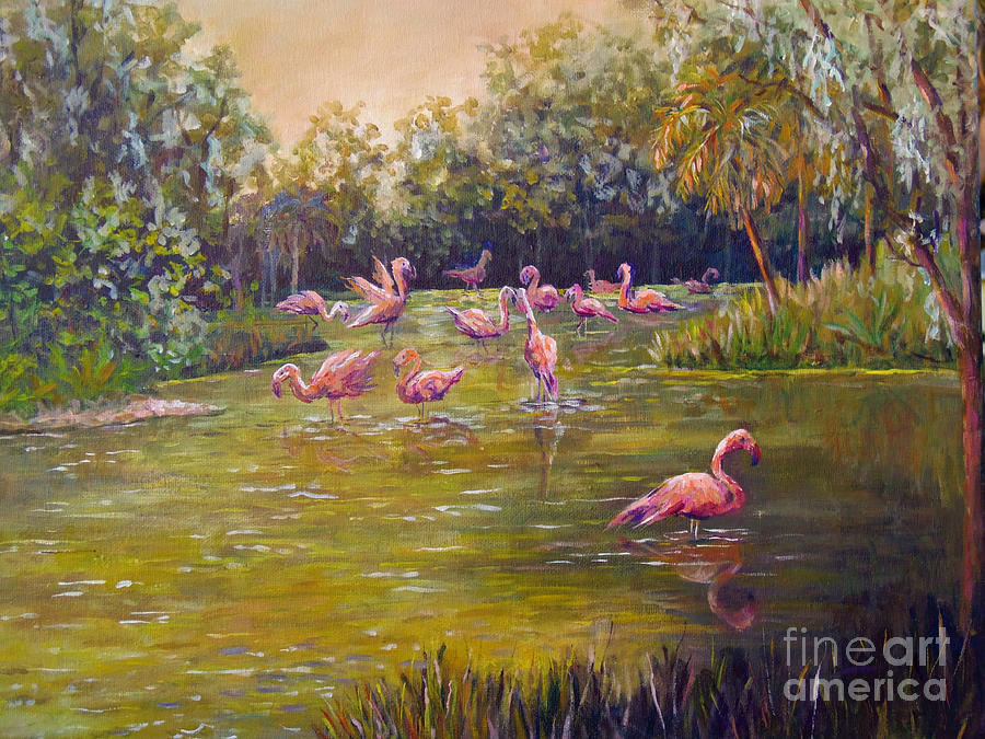 Nature Painting - Flamingos Froliking by Lou Ann Bagnall