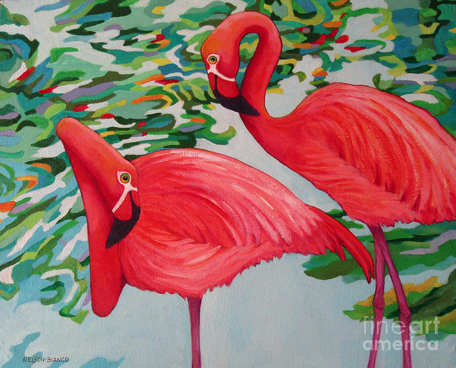 Flamingos Jess And Lorraine Painting by Sharon Nelson-Bianco