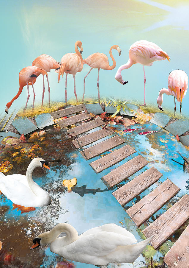 Vintage Digital Art - Flamingos on a Bridge by Emily Campbell