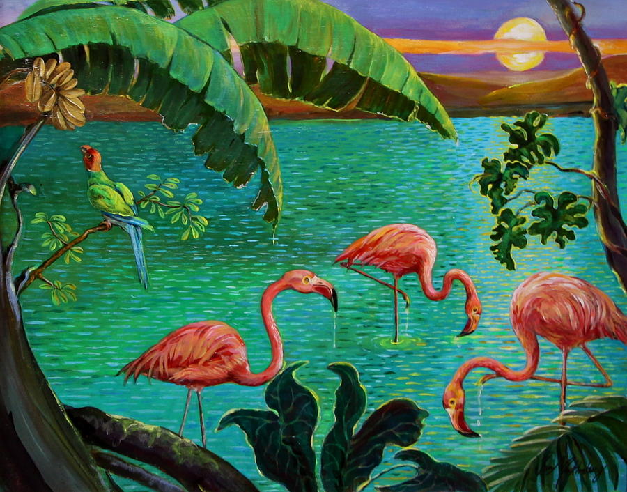 Flamingos Wading Painting by Jan Mecklenburg