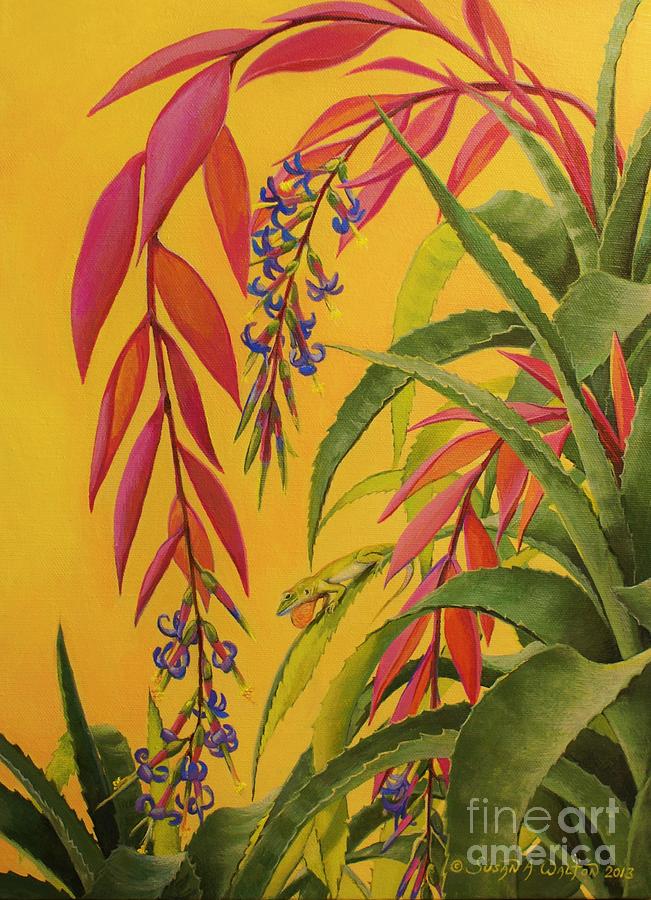 Nature Painting - The Flasher - Anole and Bromeliads by Susan A Walton 