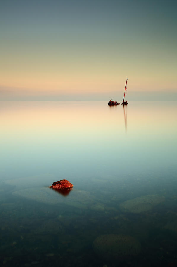 Boat Photograph - Flat Calm Shipwreck Sunrise by Grant Glendinning