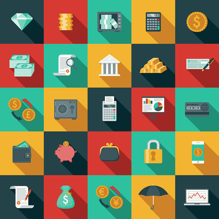 Flat Design Banking and Finance Icon Set with Side Shadow Drawing by Bortonia