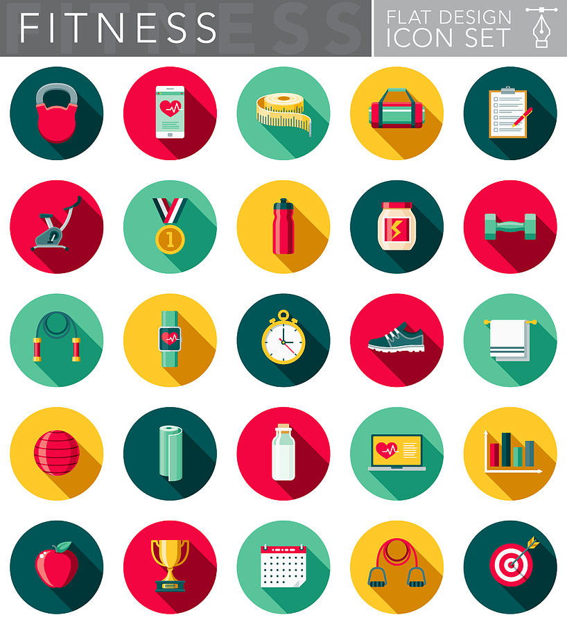 Flat Design Fitness Icon Set with Side Shadow Drawing by Bortonia