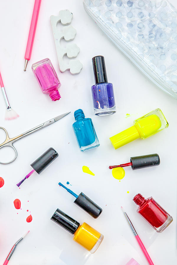 Flat lay. Accessories on the marble table. Mockup product . nails products.manicure Photograph by Carol Yepes